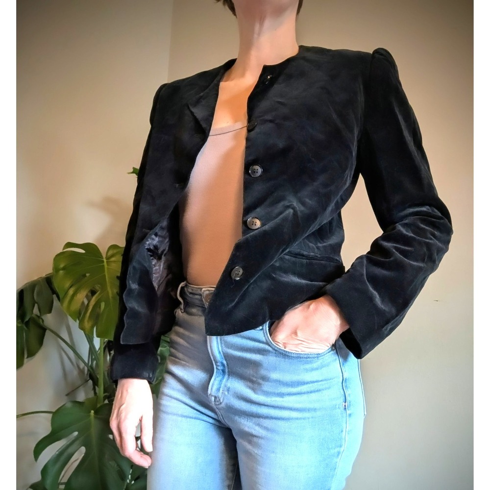 Vintage Velvet Jacket Cropped Blazer‎ Jantzen Black Size 12 Padded Shoulder